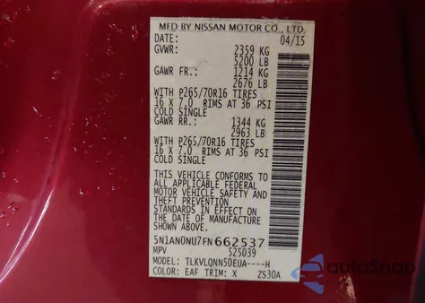 2015 Nissan Xterra S/X z USA, uszkodzony, nr VIN 5N1AN0NU7FN662537